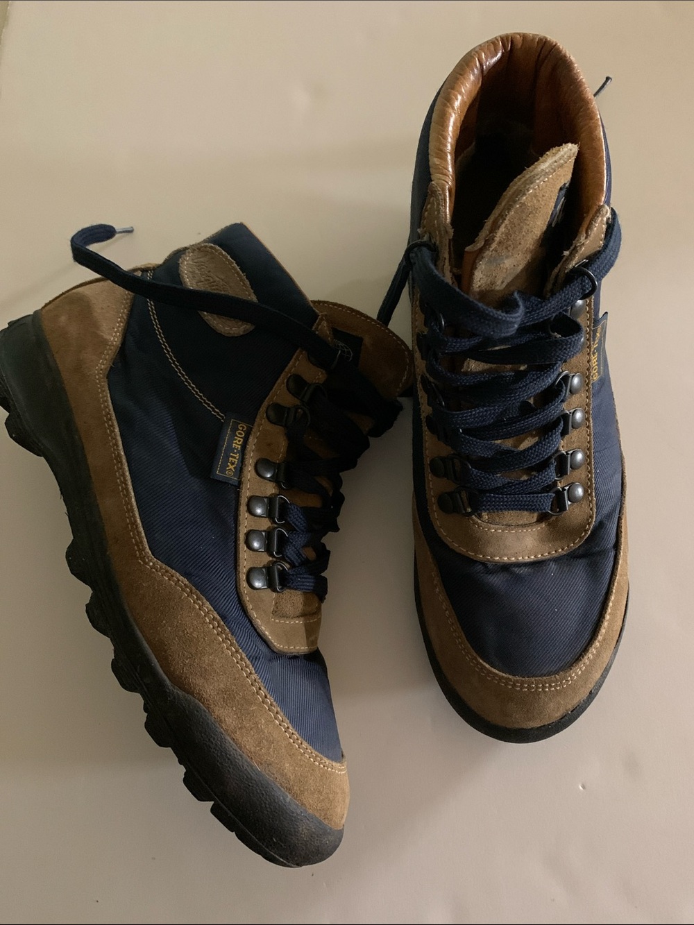 Women’s Gore-Tex Tan and Navy Hiking Boots - Rugged Outdoor Footwear